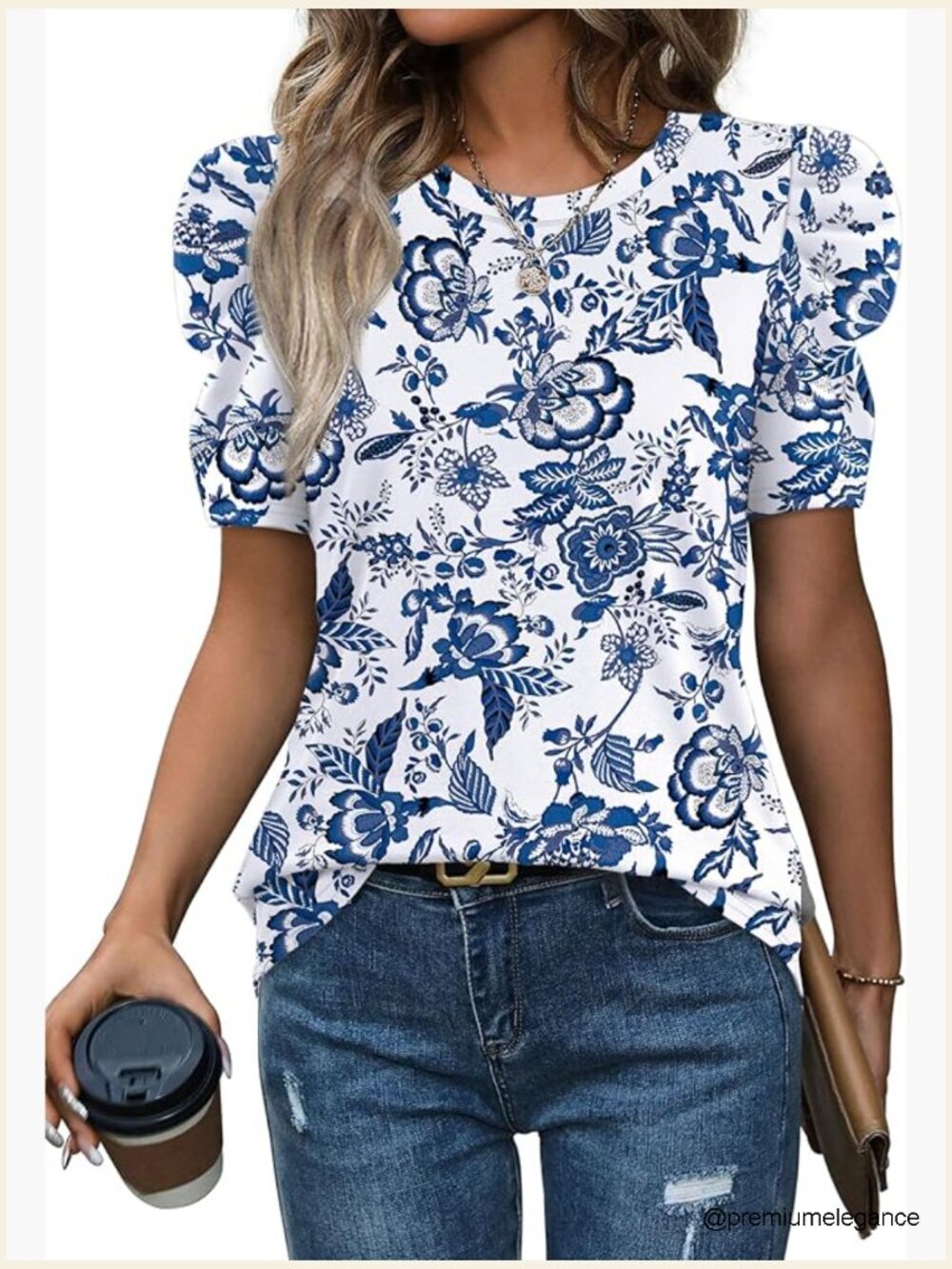 Puff Sleeve Crewneck T-Shirt Blouse Women Summer Tops Dressy Casual Tee